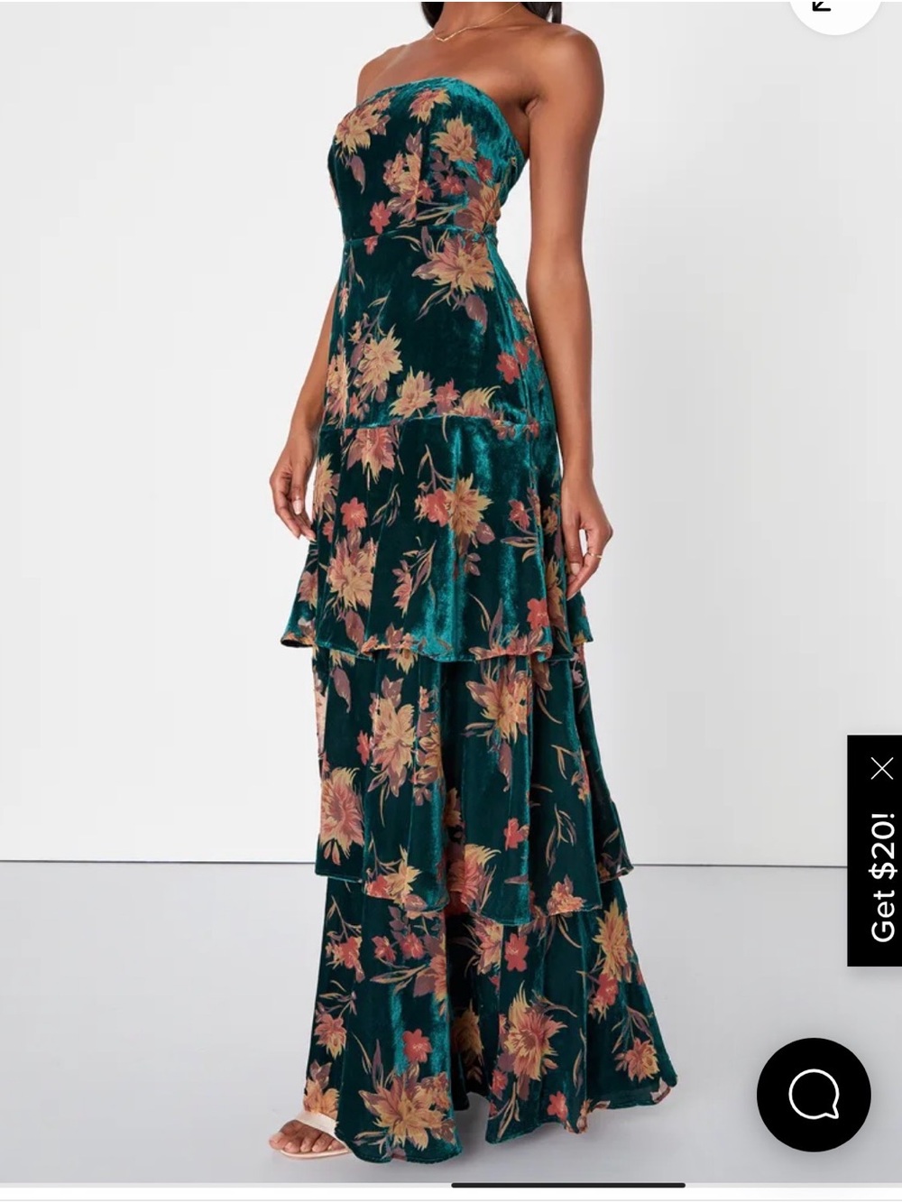 Lulu's Teal Strapless Floral Velvet Tiered Maxi Dress - Picture 3 of 4
